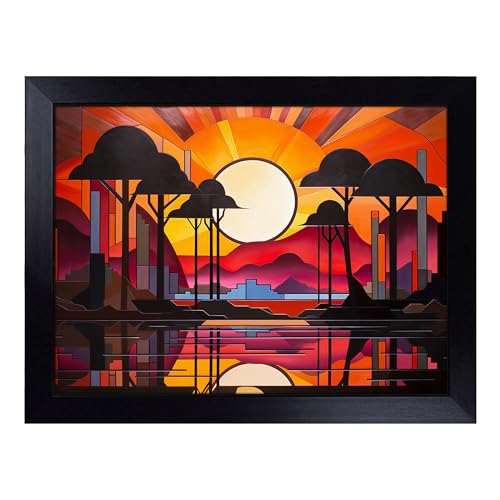 Lap Tray with Bean Bag Cushion, Art Deco Sunset Hard Edge - Handmade in the UK, Raised Wooden Edge, Padded Cushion, Heat-Resistant Wipe-Clean Surface, for Meals, Laptops and Crafts