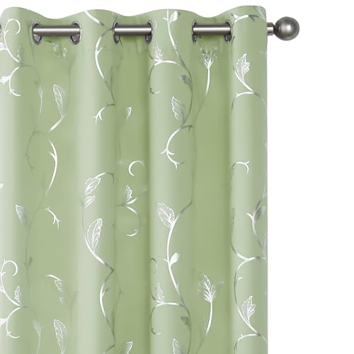 BUHUA Silver Leaf Print Blackout Curtains with Eyelets, Thermal Insulated Curtains for Room Darkening, Noise Reducing Curtains for Bedroom, Lawn Green