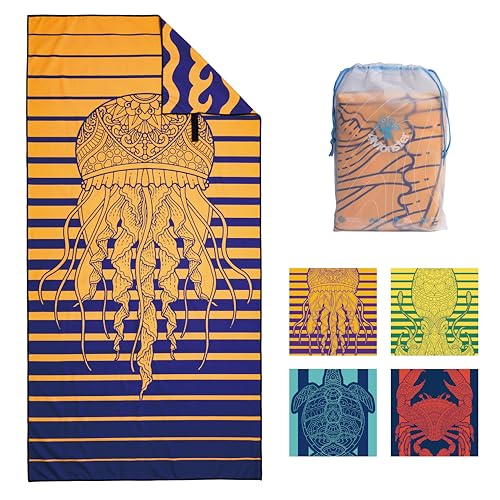 "4Monster Microfiber Beach Towel Quick Dry,Super Absorbent Lightweight Travel Towel for Swimmers, Sand Free Camping Towel, Beach Towels for Pool,Swim,Water Sports,Yoga (01Jellyfish, 63.00"" x 31.50"")"