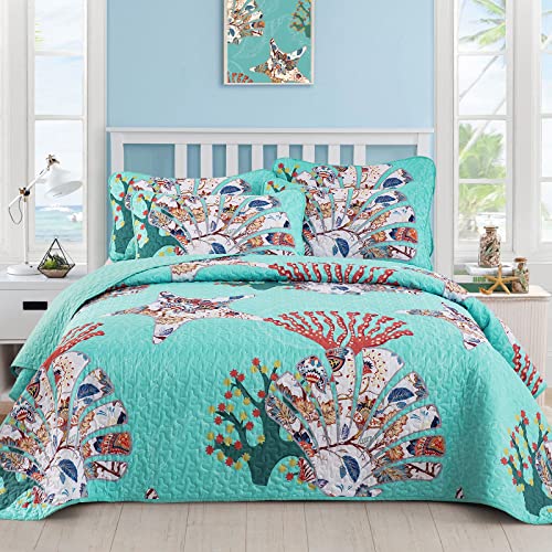 "DJY 3 Pieces Quilt Set King Coastal Quilt Coverlet Set Starfish Aqua Reversible Bedspread with 2 Pillow Shams Lightweight Nautical Bedding Quilt Set for All Season 90""x 104"""