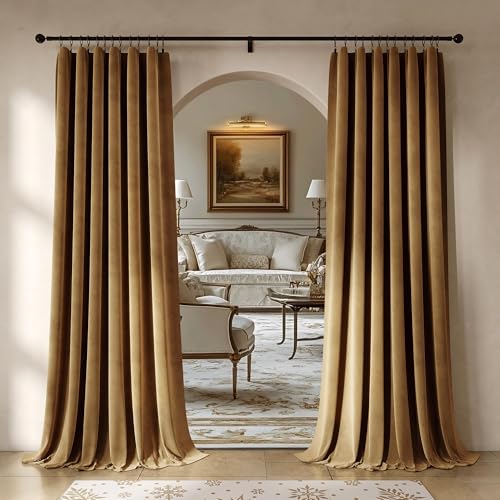 Beauoop Golden Brown Velvet Curtain for Bedroom Living Room 52x108 2 Panels - Soft Luxury Room Darkening Drapes Thermal Insulated Soundproof 108 Inches Long Window Treatments Rod Pocket