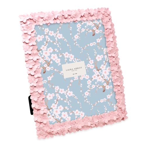 Laura Ashley 8x10 Pink Flower Textured Hand-Crafted Resin Picture Frame with Easel & Hook for Tabletop & Wall Display, Decorative Floral Design Home Décor, Photo Gallery, Art, More (8x10, Pink)
