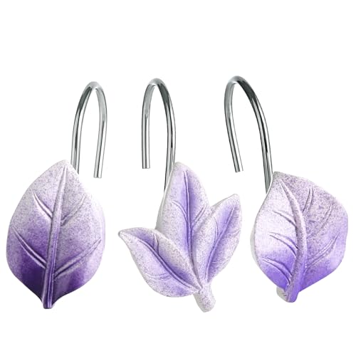 Purple Plant Leaf Shower Curtain Hooks,Eucalyptus Bathroom Decor,12PCS - Cute Decorative Leaves Shower Curtain Rings,Metal Rustproof,Easy Installation,Smooth sliding