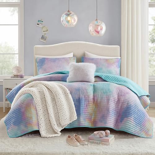 Intelligent Design Queen Quilt Set Boho Quilt Set, Watercolor Tie-Dye Coverlet Set, Casual & Trendy Quilted Lightweight Bedspread, All Season Bed Set, Shams, Cassiopeia, Full/Queen, Pink/Blue 4 Piece