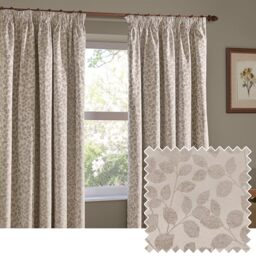 furn. Wylder Grace Leaf Pencil Pleat Curtain Pair – Matt Satin Jacquard Room Darkening Curtains (Natural – Width 168 x Drop 183cm)