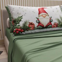 PETTI Italian Artisans - Cotton Sheets with Christmas Digital Print Pillowcases, Christmas Queen Size Sheets, Christmas Bed Set, Gnome 01 Green, 100% Made in Italy