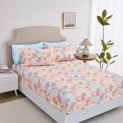 Spirit Linen Home 6-Piece Luxury Bed Sheet Set - Twin, Beige Floral Design - Deep Pocket Soft and Breathable Microfiber Material Bed Sheets with 1 Fitted Sheet, 1 Flat Sheet, and 4 Pillowcases included