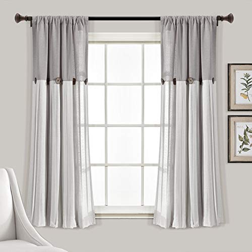 "Lush Decor Linen Button Window Curtain Single Panel, Gray & White, 63"" L x 40"""