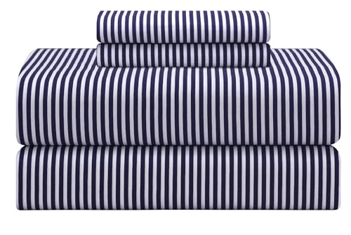 "Feather & Stitch Softest 100% Cotton Sheets, 4 Pc Set, 300 Thread Count Percale Weave Bedding, 16"" Deep Pocket, Cooling Sheets, Breathable Bed Set (Full, Sheet Sets, Blue Stripe)"