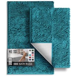 Hearth & Harbor Chenille Bath Mat - Machine Washable, Non-Slip Backing, Quick Dry, Teal, 17x24 & 20x32 inches