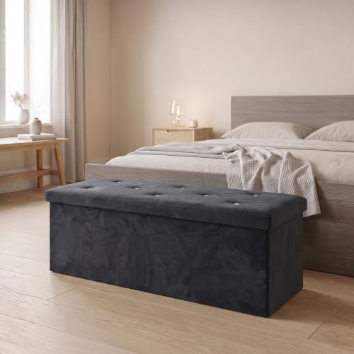GC GAVENO CAVAILIA Extra Large Ottoman Storage Bench With Lids, Black - Faux Leather Ottoman Storage Box 110x38x38 cm - Hidden Storage Foldable Foot Stool For Toys, Bedroom, Living Room Hallway