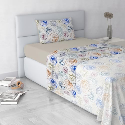 Fashion Bed Sheet Set, Made in Italy, Soft Microfibre Bed Set, Fitted Sheet, Top Sheet 180 x 270 cm and Pillowcase with Inner Flap, Half Size, Spirals