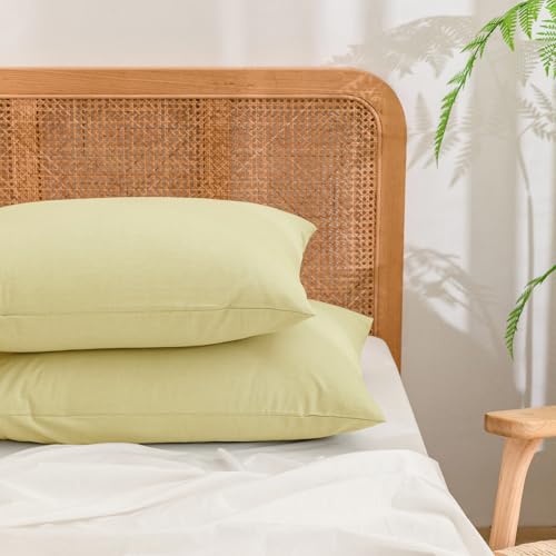 BESTOUCH Washed Cotton Pillowcases Linen Feel Light Yellow Standard - 100% Washed Cotton, Linen Feel, Soft Wrinkle Texture, Envelope Closure, Breathable Lightweight Durable Comfy, 2 Pcs No Insert