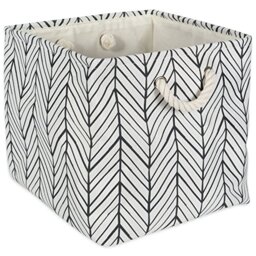 "DII Collapsible Polyester Storage Basket or Bin with Durable Cotton Handles, Home Organizer Solution for Office, Bedroom, Closet, Toys, & Laundry (11x11x11"") - Off White Herringbone"