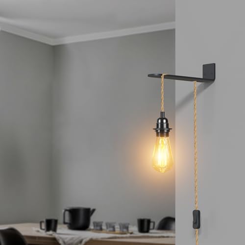 LEDSone Hemp Rope Plug in Pendant Lighting with 2M Cable, E27 Lamp Holder with On/Off Switch, Plug in Ceiling Light, Hemp Rope Light Fitting, Vintage Industrial Hanging Light Cord for DIY Lampshade