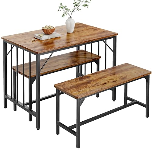YITAHOME Dining Table and 2 Chairs Set, 3 Piece Dining Room Set with Bench, Space Saving Breakfast Dining Table Set Dining Room Furniture for Kitchen, Apartment, Rustic Brown