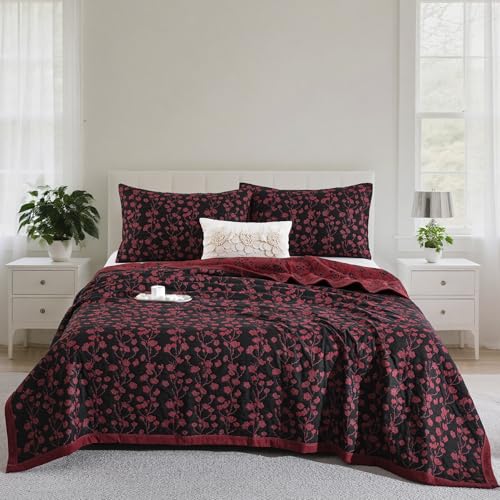 Purefair 100% Cotton Muslin Jacquard 2 Piece Quilt Set Floral Plum Blossom Print, Soft 3 Layers Gauze Bed Cover Reversible Bedspread Coverlet Breathable Lightweight Bedding Set, Twin