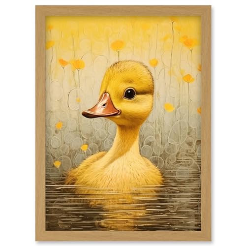 Artery8 Yellow Duckling Kids Bedroom Baby Nursery Calm Elegant Artwork Framed Wall Art Print A4