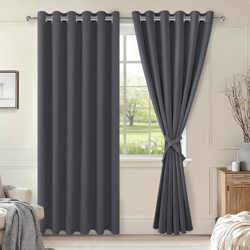 Hiasan Grommet Blackout Curtains for Bedroom, 70 x 84 Inches - Thermal Insulated & Light Blocking Window Drapes for Living Room/Dorm Room, Set of 2 Panels Sewn with Tiebacks, Dark Grey