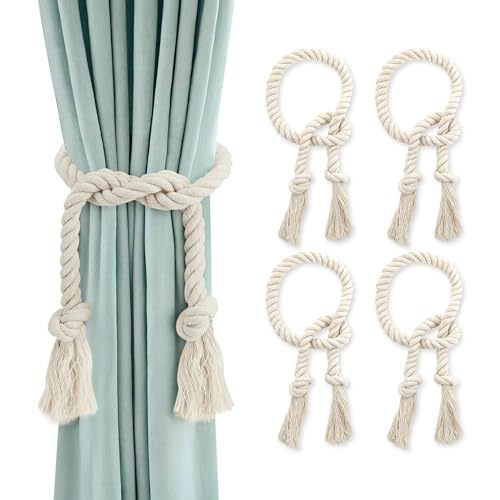 GlasFlength Curtain Tiebacks, 4 PCS Boho Tie Backs for Curtains Soft Hand-Woven Decorative Drape Curtain Tie Backs 100CM Curtai n Holder Cotton for Bedroom Living Room and Office (Beige)