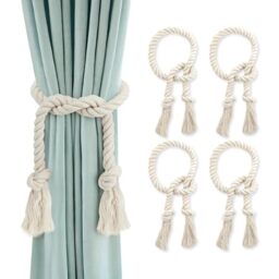 GlasFlength Curtain Tiebacks, 4 PCS Boho Tie Backs for Curtains Soft Hand-Woven Decorative Drape Curtain Tie Backs 100CM Curtai n Holder Cotton for Bedroom Living Room and Office (Beige)