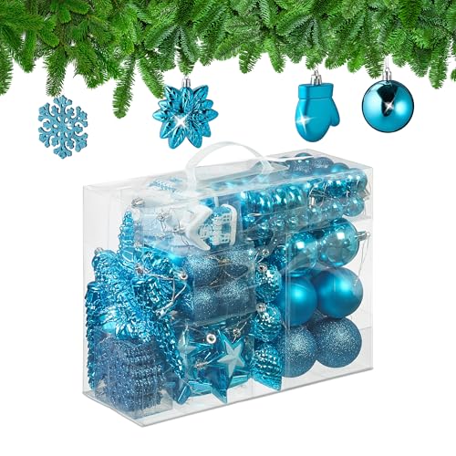 Relaxdays 100x Christmas Ornaments, Baubles, Glittering, Matte & Shiny, Tree Decorations, Plastic, 10 Designs, Petrol