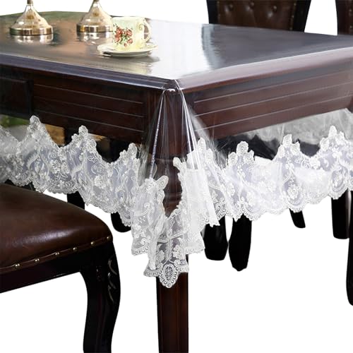 Waterproof PVC Tablecloth - Heavy Duty Clear Vinyl Table Cover Protector for Dining Tables - Thick Reusable Plastic Rectangle White Floral Table Cover - 60x86 Inches