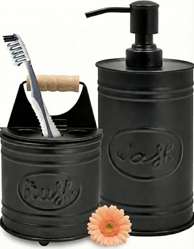 Autumn Alley Rustic Bathroom Accessories Set - Farmhouse Bathroom Soap Dispenser and Toothbrush Holder Set - Western Bathroom Accessories, Farmhouse Decor for Bathroom Countertop, Galvanized Black