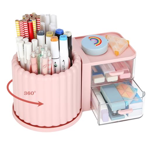 LETURE Rotating Office Desk Organizers and Accessories with 2 Drawer, Pencil Pen Marker Holder for Desk, Desktop Storage Organizers and Accessories for Office Home Art Supplies (Pink)
