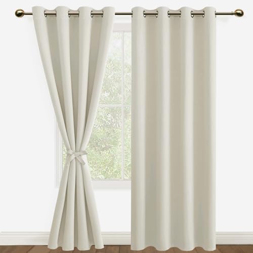 DWCN Blackout Curtains for Bedroom with Tiebacks - Room Darkening Privacy Grommet Top Window Curtains for Living Room, 52 x 96 inch Length, Ivory, Set of 2 Panels