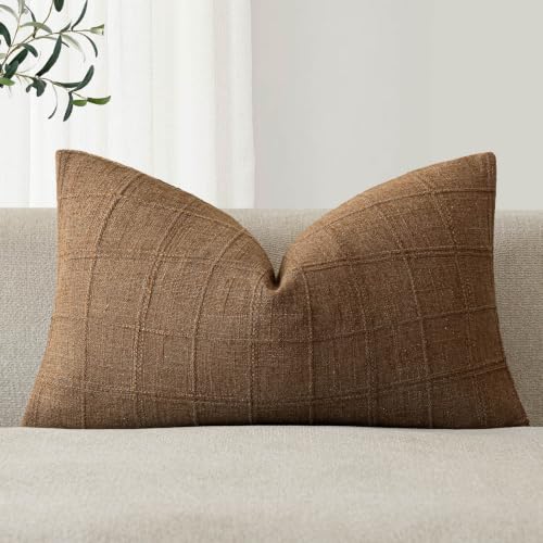 Foindtower Set of 1 Decorative Linen Check Throw Pillow Cover Neutral Farmhouse Lumbar Cushion Cover Modern Boho Home Decor for Sofa Chair Couch Bedroom Living Room,12??24 Inch,Brown Hazel