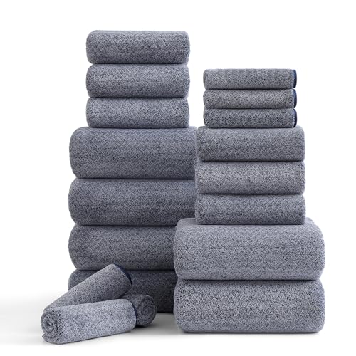 Ycosy 18 Piece Bath Towels Set,100% Microfiber Family Bathroom Towel with Hanging Loops-6 Bath Towels,6 Hand Towels,6 Washcloths,Quick Dry Highly Absorbent Shower Towel for Bathroom,Hotel,Spa-Navy
