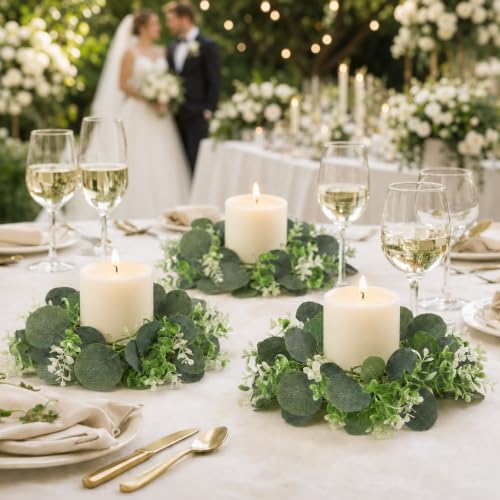 2026 4PCS Artificial Eucalyptus Leaves Wreaths Candle Rings Wreaths Summer Greenery Garland Pillar Holder for Home Wedding Party Table Centerpiece Green
