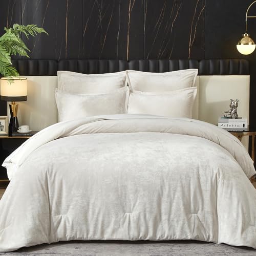 Ivellow Crushed Velvet Comforter Set Queen Ivory Comforter Set 5pcs Ultra Soft Lightweight Breathable Bedding Set Luxury Cozy Flannel Comforter Queen Size (1 Comforter,2 Pillow Shams, 2 Euro Shams