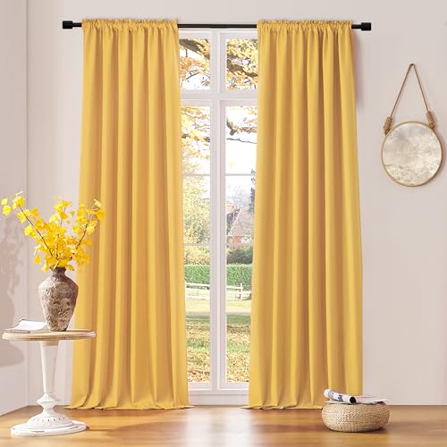 DONREN Extra Long 108 inch Length Blackout Curtains for Large Windows,Rod Pocket Soft and Touching Living Room Sweep to Floor for Villa (Yellow,2 Pack,52 W by 108 inches Long)