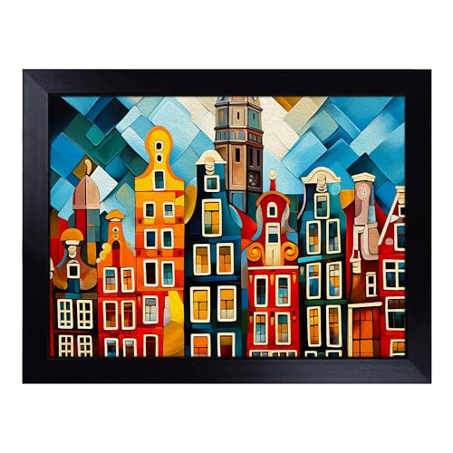Lap Tray with Bean Bag Cushion, Amsterdam Constructivism Art - Handmade in the UK, Raised Wooden Edge, Padded Cushion, Heat-Resistant Wipe-Clean Surface, for Meals, Laptops and Crafts