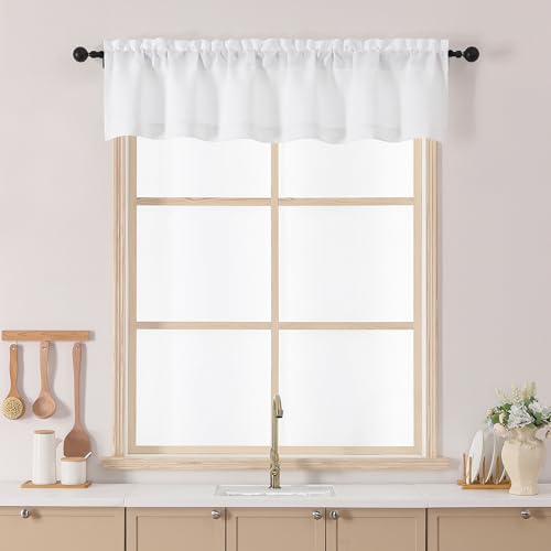 Chyhomenyc White Valance for Windows, Light Filtering Textured Small Kitchen Valance, Rod Pocket Top Window Short Curtain for Bathroom Basement Farmhouse, 60Wx12L Inch, 1 Panel
