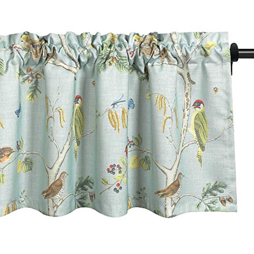 Leeva Blue Kitchen Valances for Windows, Birds and Trees Printed Pattern Country Rustic Style Rod Pocket Curtains Valance for Guest Room Bathroom, One Panel, 54 x 18 Inches