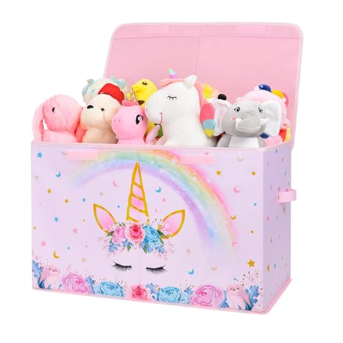"WERNNSAI Unicorn Toy Box - Collapsible Oxford Storage Bin with Handles 25"" x 13"" x 16"" Toys Clothes Books Chest Organizer Cube with Flip-top Lid for Girls Kids Bedroom Nursery Living Room"