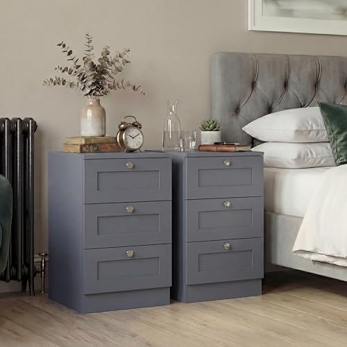Vida Designs Altino 3 Drawer Bedside Table - Grey - 62H x 40W x 36D cm - Compact Space-Saving Nightstand - Engineered Wood - Smooth Glide Drawer - Modern Shaker Style - Ideal for Bedroom, Guest Room