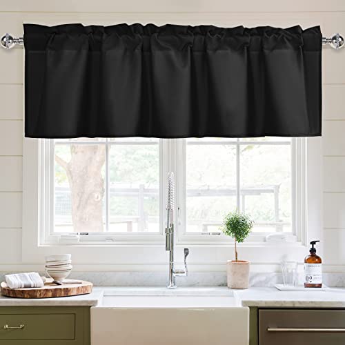 XWZO Kitchen Valances Curtains for Windows Living Room Bedroom Bathroom Toppers Farmhouse Style Rustic Dinning Room Blackout Thermal Insulated Rod Pocket, W84 x L18 Inch Length, Black, 1 Panel.