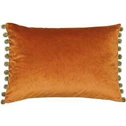"Riva Paoletti Fiesta Rectangular Filled Cushion Orange Green Pompom Edges-Faux Velvet Fabric-Discreet Zip Closure-100 Case (14"" x 20"" inches), Polyester, Rust/Khaki, 35 x 50cm"