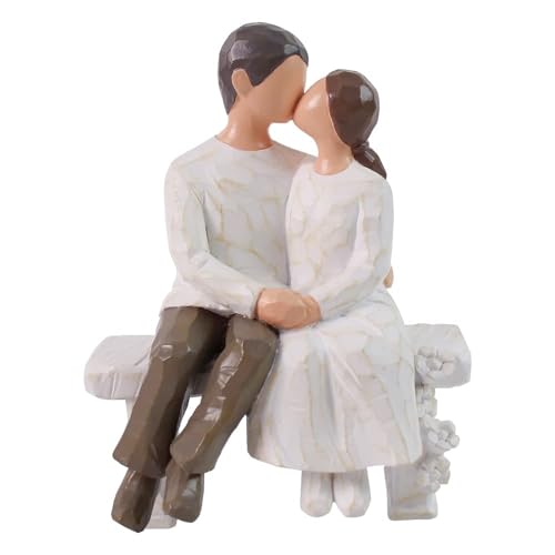"Romantic Couple Figurines in Love, 6"" Hand Painted Sweet Loving Together Couple Sculpture Statue to Remember Beautiful Moment, Best Gifts for Valentine's Day Anniversary Weddings - Bench Kissing"