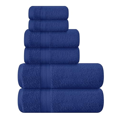 BOUTIQUO 6 Pack Cotton Towel Set, Contains 2 Bath Towels 27x54 inch, 2 Hand Towels 16x24 inch & 2 Wash Coths 12x12 inch, Ideal Everyday use, Ultra Soft Compact & Lightweight - Navy Blue