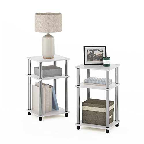 Furinno JUST Side Table Set of 2, 3-Tier End Tables, Open Shelves Night Stand, Nightstand, Toolless Assembly, for Living Room, Bedroom, White Oak/Stainless Steel