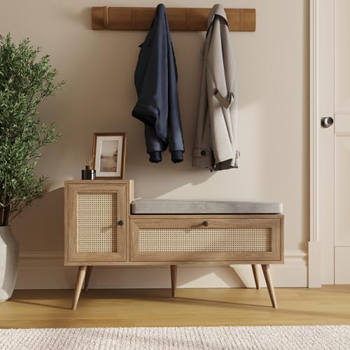 GFW Noor Rattan 2 Door Shoe Cabinet with Cushion Seat, Oak Effect Hallway Storage Bench for Entryway