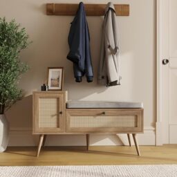 GFW Noor Rattan 2 Door Shoe Cabinet with Cushion Seat, Oak Effect Hallway Storage Bench for Entryway