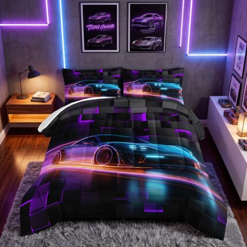 HOSIMA Boys Race Car Queen Bedding Sets,Geometric Background Pattern Cool Extreme Sports Bedding for Kids Men Car Room Decor,Lightweight Fluffy Comforter with 2 Pillowcases.