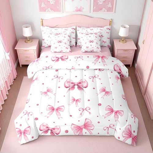 Erosebridal Cute Pink Bow Twin Bedding Set 7 Piece for Girls - Pink Coquette Bows Comforter Set with Sheets for Kids Women, Princess Ribbon Bow Tie Bed in a Bag, Kawaii Bowtie Fitted Flat Sheet