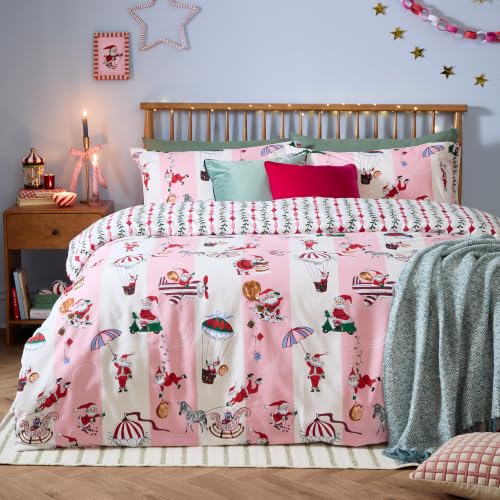furn. North Pole Duvet Cover Set (Candy Floss - Double) - Reversible Festive Christmas Santa Adventure Mistletoe Candy Stripe Sky Easycare Polycotton Bedding